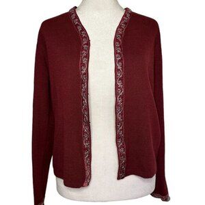 Vintage Womens Velour Trimmed Cardigan Sweater Burgundy Red Size S Petite